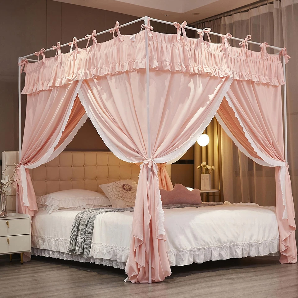 Ruffle Lace up 4 Corners Post Princess Curtain Bed Canopy Cozy Breathable Mos... - Image 2 of 4