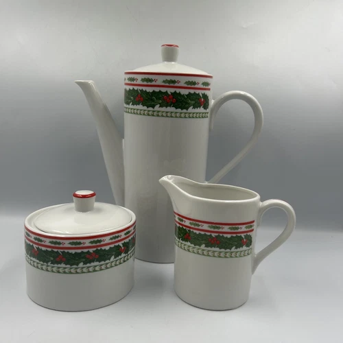 Lefton China Holly Berry Hand Painted Coffe Pot And Sugar & Cream Set Japan 1249