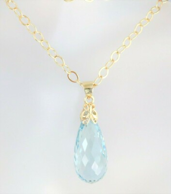 BLUE QUARTZ PENDANT 21'' CHAIN 14k YELLOW GOLD FILLED NECKLACE Joy's Jewels