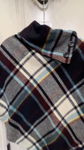 LAST KISS Navy Blue Plaid Wool Blend Cape Poncho, Size Small - Video 1 of 1