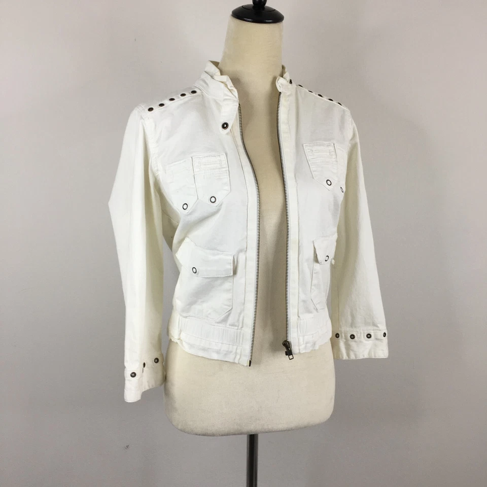 DA-NANG Womens sz Small/XS Ivory Zip Back Hem Circle Hardware Cropped Jacket - Image 3 of 4
