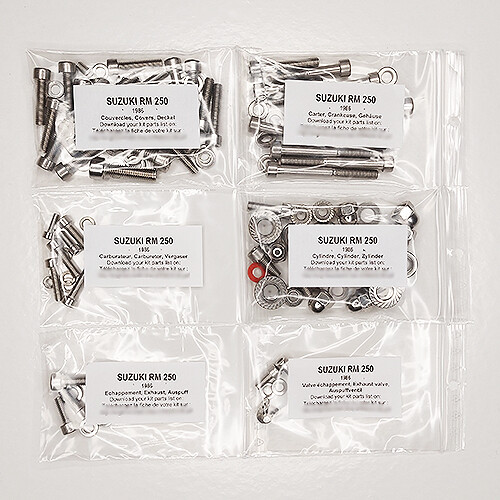 Kit vis inox RM 250 1986 moteur Suzuki en acier inoxydable