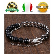 Bracciale Uomo Donna Acciaio Inox Perle Pietra Vintage Punk + Sacchetto Omaggio