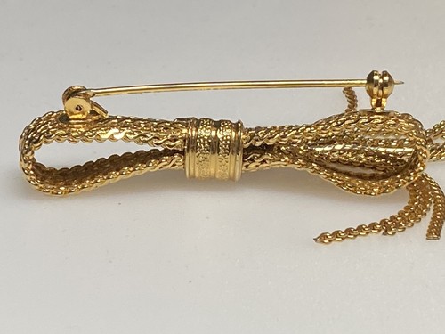 Vintage Brooch Ribbon Bow Gold Metal Tassel Chains 12g - Picture 5 of 12