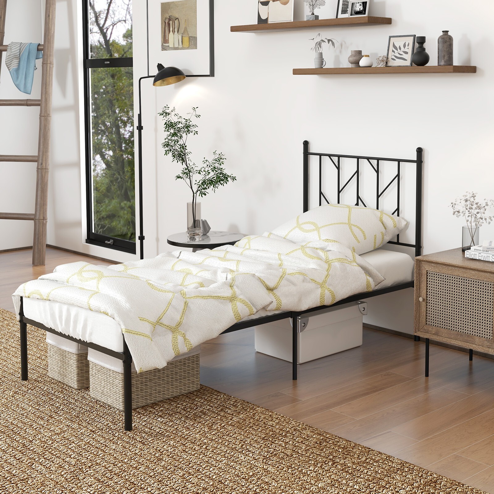 3FT Single Bed Frame with Headboard Metal Platform Bed w/30 cm Under