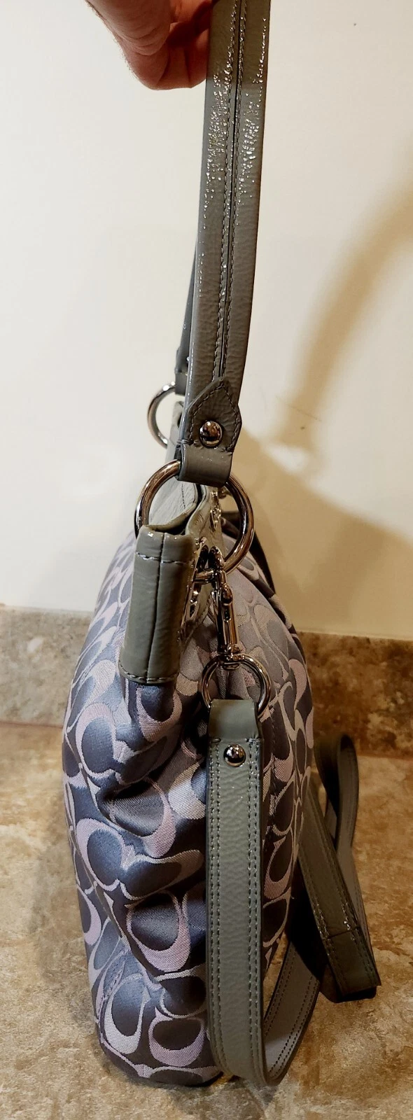Coach Borsa a tracolla vintage grigia monogramma tela pelle manico superiore