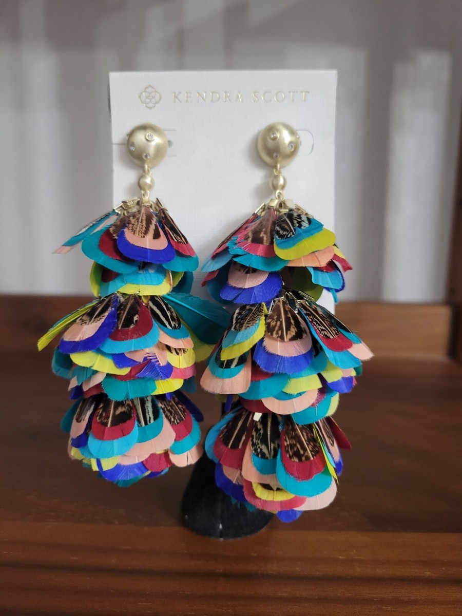 HTF Kendra Scott Lenni Statement Earrings Multi Color Feather Gold