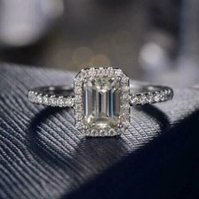 2Ct Emerald Cut Lab-Created Diamond Halo Engagement Ring 14K White Gold Plated