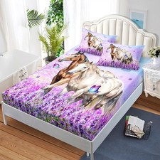 Farm Animal Bedding Set Horse Fitted Sheet,Butterfly Lilac Floral Bed Sets fo...