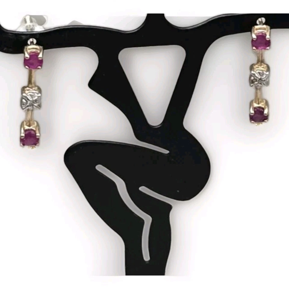  14K Yellow Gold Ruby Diamond  Anniversary Bar Drop Stud Earrings  - Image 2 of 4