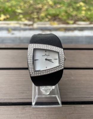 ,Anne Klein AK Women's Pearl Crystal Square Face Watch Black Band New Battery