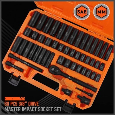 50 Piece 3/8'' Drive Impact Socket Set Standard SAE (5/16 to 3/4 Inch) and Metric