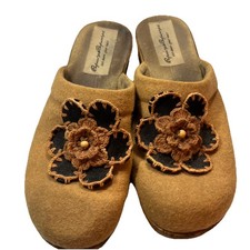 Zuecos de flores Zapatos de lana de cuero marrón ganchillo tostado, Rapunzel rapunzel, TALLA 10