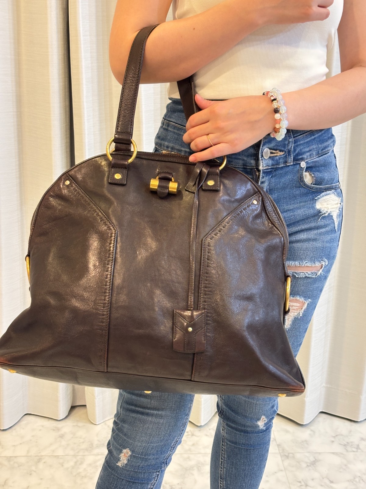 SAINT LAURENT Borsa a mano YSL M in pelle marrone vintage autentica con sacchetto antipolvere