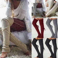 Women Long Sock Crochet Knit Ribbed Leg Warmers Knee High Solid Winter Boot Wool