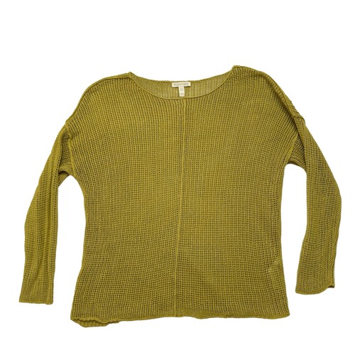 EILEEN FISHER Chartreuse Yellow-Green Open Knit Pullover Linen Sweater Sz Medium - Picture 4 of 10