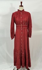 DOEN Sz S Small Red Plaid Check Long Sleeve Shirt Dress Ruffle Collar