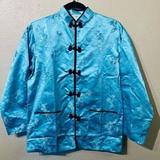 NWOT Asian Traditional Floral Satin Jacket Mandarin Collar Lined Aqua Black Sz S