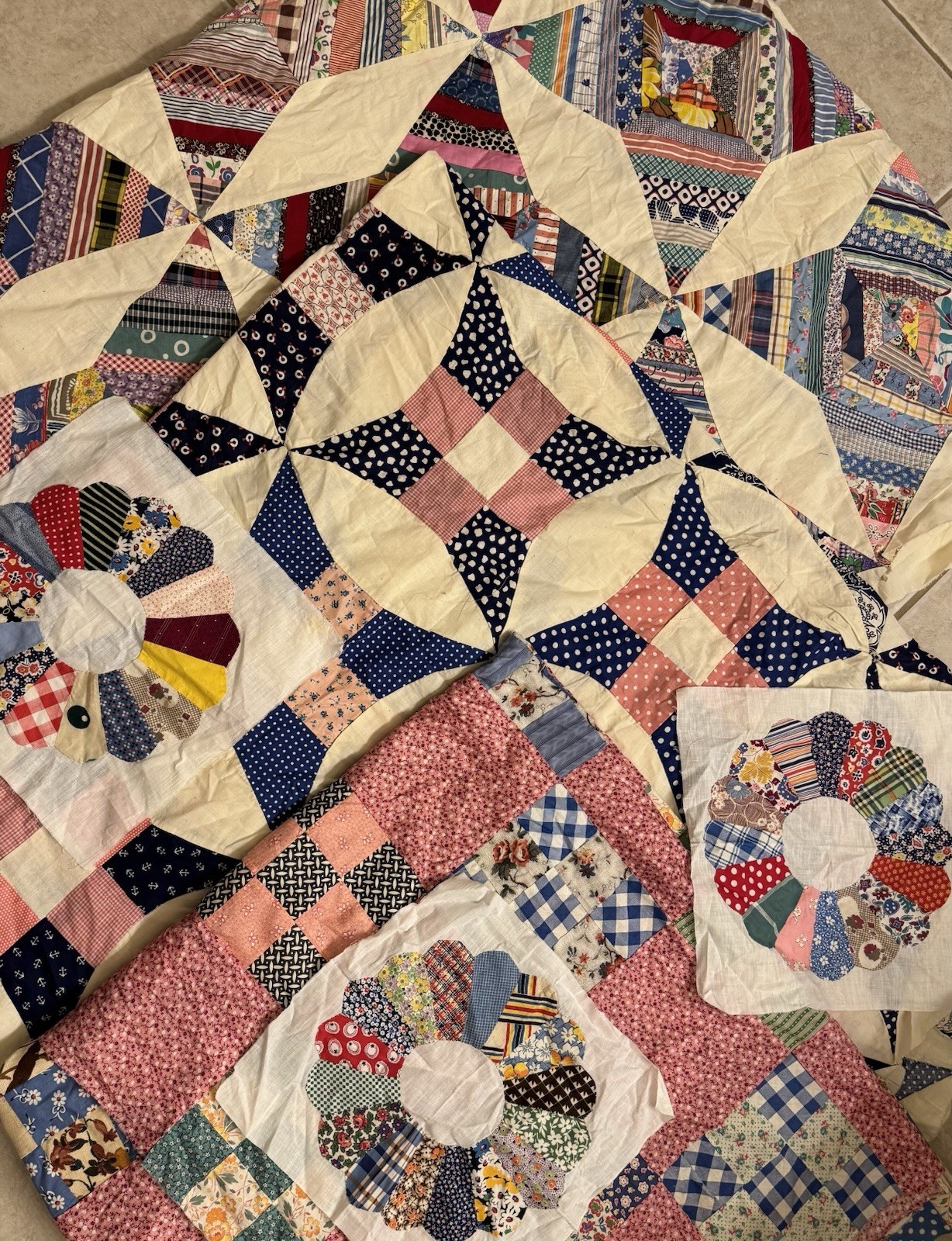 VTG 1930s HANDMADE FEED SACK QUILT TOP UNFINISHED Flowers Nautical Patchwork Lot