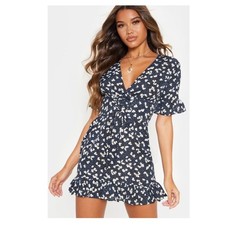 PrettyLittleThing Dress Womens 4 Blue Floral Ruffle Lace Up Corset Mini Summer