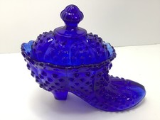 Vintage Fenton Cobalt Blue Hobnail & Shell Shoe Slipper w/ Lid