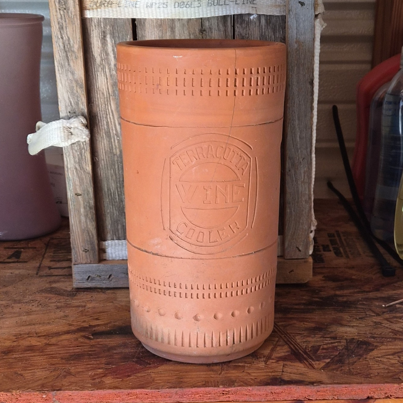 Terracotta Clay Wine Cooler, Brown Cylinder with Grape Pattern