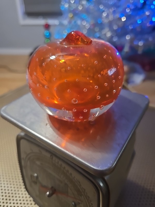 Vintage Kreiss Hand Blown Apple Paperweight Orange Art Glass Bubble JJ#8