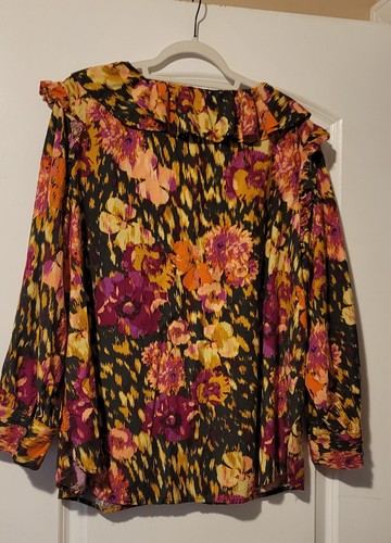 Terra & Sky Womens Button Up Top Sz 1X Multicolor Floral V Neck Ruffle - Picture 2 of 3