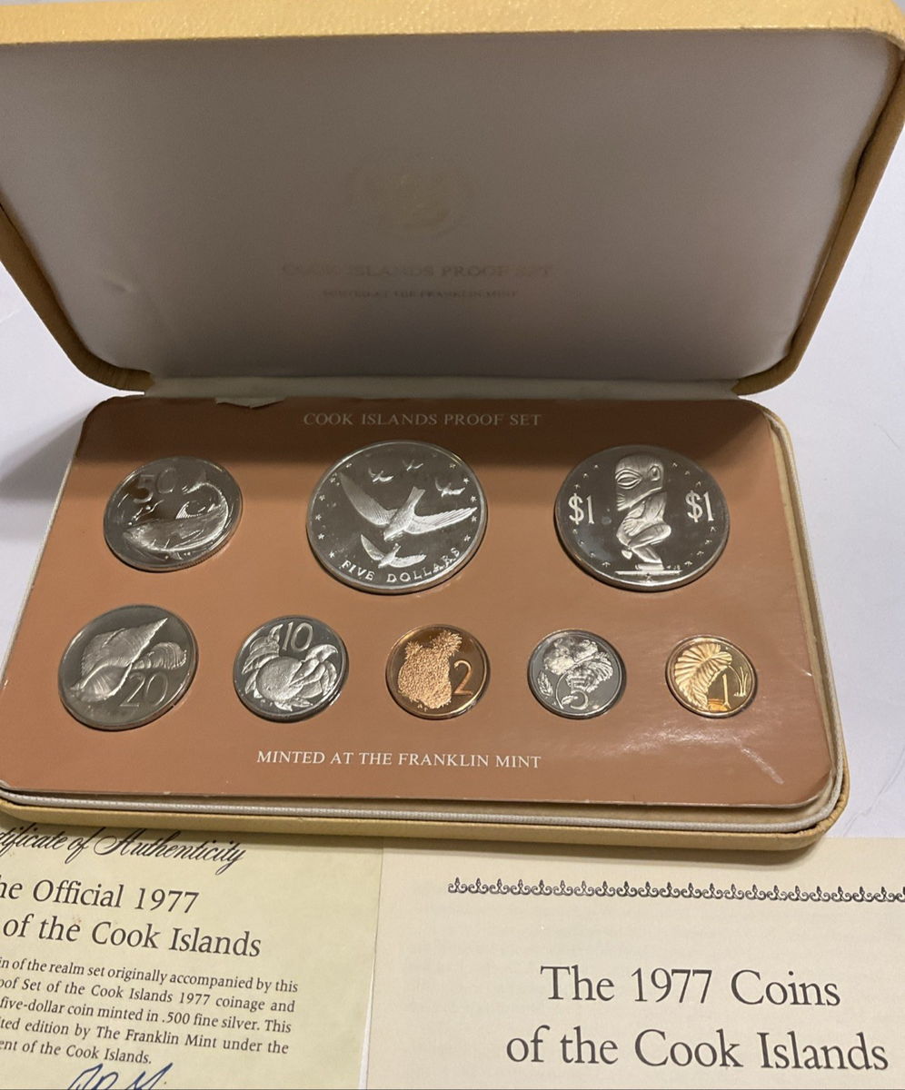 1977 Cook Islands Franklin Mint 8 Coin Proof Set With Silver $5 in
