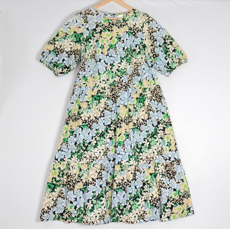 H&M Womens Maxi A Line Dress Size L Floral Balloon Sleeve Ruffle Hem Cornflower