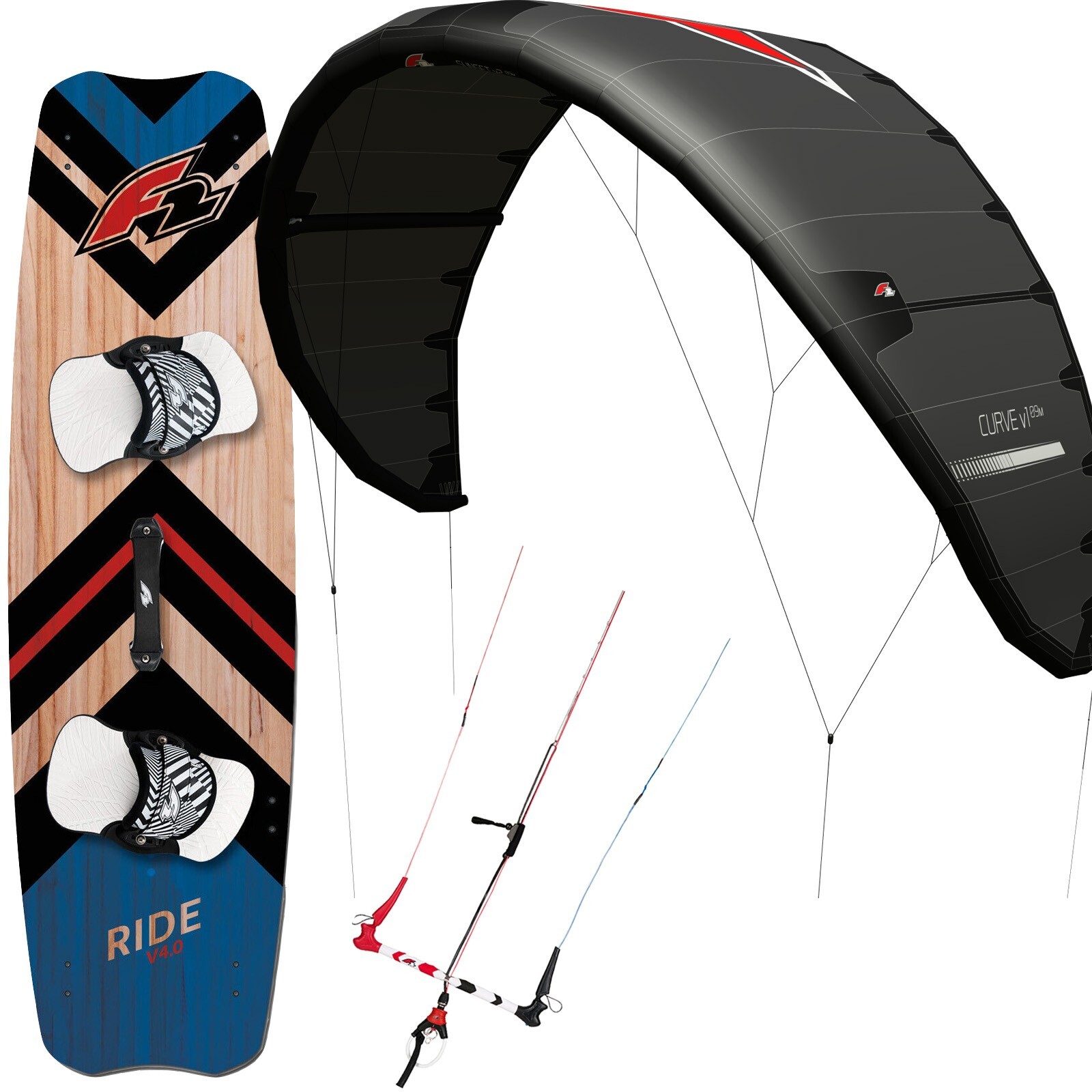 KITE SET F2 CURVE V1 BLACK 2024 9 QM + F2 CONTROL BAR + RIDE WOOD