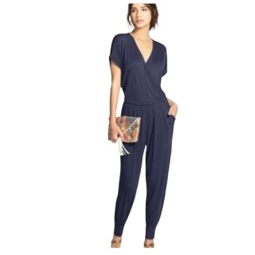 Womens Loveappella Midnight Blue Jumpsuit Short Sleeve Wrap Front Size  Large | eBay