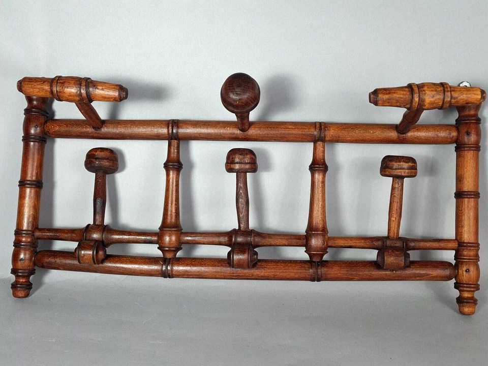 Ancien porte manteau mural bois tourné façon bambou Bon état SB907 - Photo 2/4