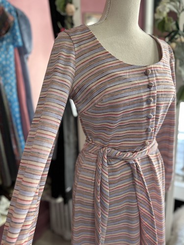 Vintage 60s 70s Maxi Dress Pink Purple Stripes Mod Balloon Sleeves Shimmer XS/S - Picture 5 of 9