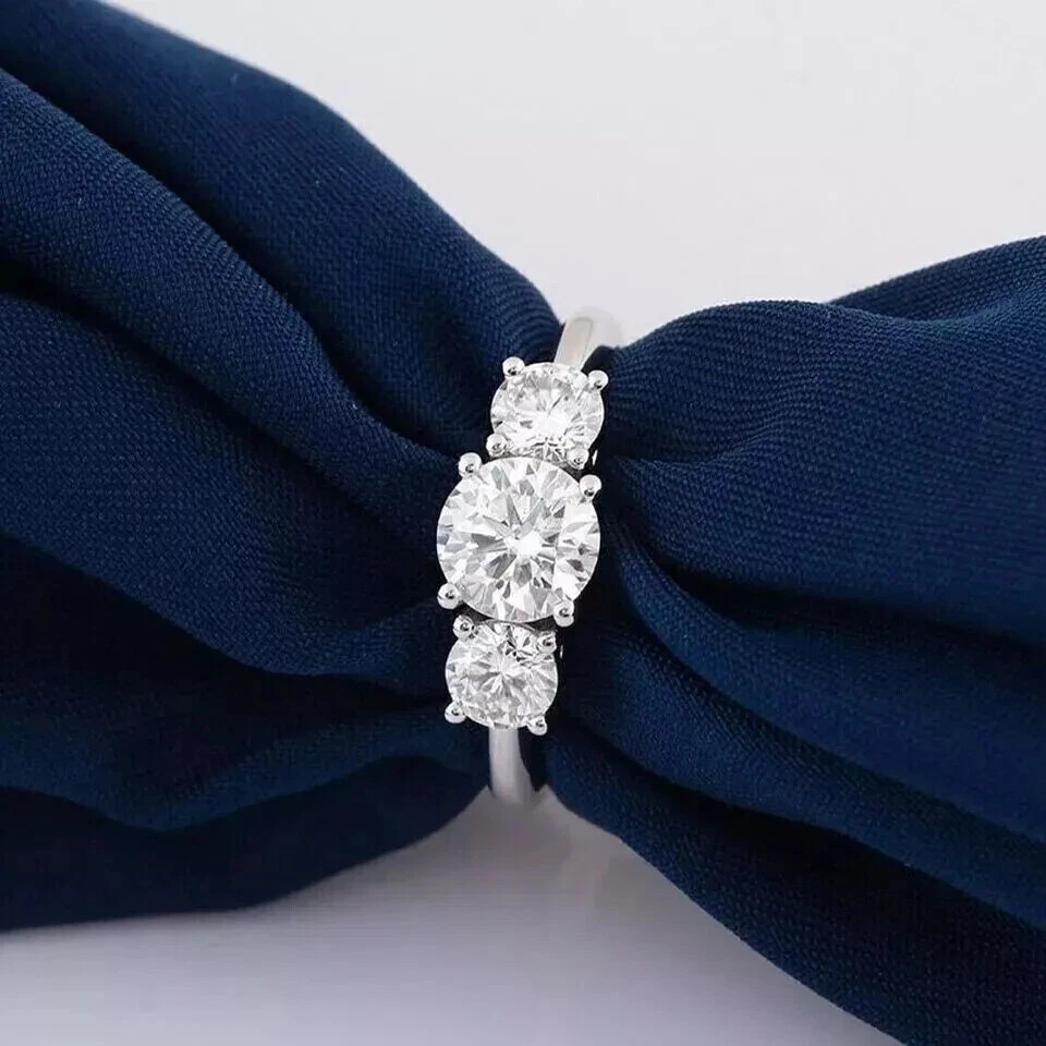3CT Round Lab Created Diamond 3-Stone Wedding Bridal Ring 14K White ...