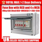 4 Way Garage Shed Camper Van Caravan Consumer Unit Fuse Box with RCD and 4 x MCB