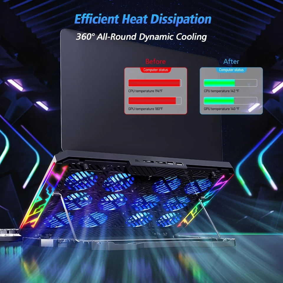 Almohadilla de enfriamiento para computadora portátil con 12 ventiladores silenciosos, delgada portátil para 12-17,3 pulgadas... Envío rápido Foto 3 de 4