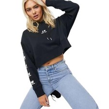 NEW BALANCE WOMEN'S STACKED LOGO CROPPED HOODIE BLACK RETRO COMFY NEW BNWT OG 