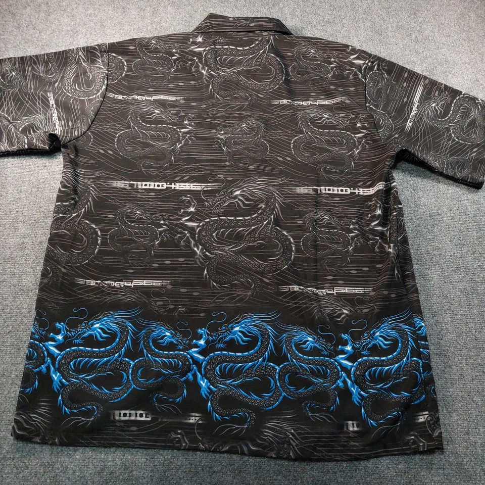 Vintage ODO Shirt Mens 2XL Dragon Print Y2K Hawaiian AOP Button Up Black Blue - Image 2 of 4