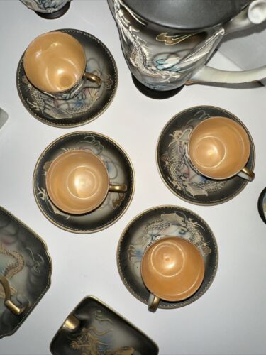 Vintage Japanese Moriage Dragonware Demitasse Tea Set Lithophane Geishaware - Picture 13 of 14
