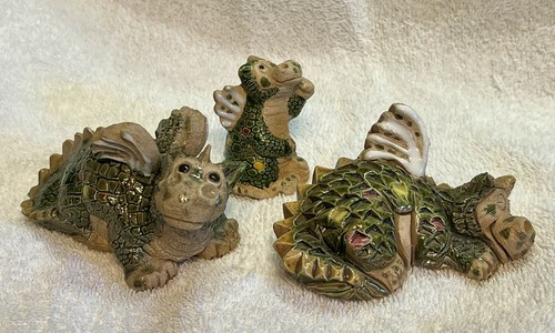 Set Of 3 Clay Dragon Figurines Studio Art Glazed Artist Signed Vintage