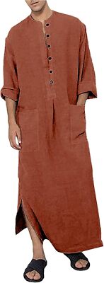 Men's Kaftan Thobe Long Sleeve Muslim Robe Button Up Side Split Kaftan Thobe