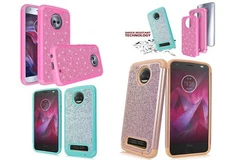 For Motorola Moto Z2 Force/ XT1789 Glitter Bling Sparkle Dual Layer Hybrid Case