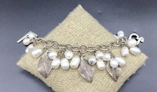 SILPADA-Sterling Textured Leaf Freshwater Pearl Cha Cha Toggle Bracelet B1631
