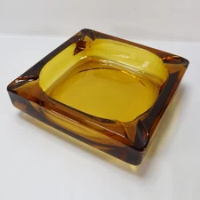 Vintage MCM Amber 6" Cigar Cigarette 4 Slot Square Glass Ashtray Mid Century