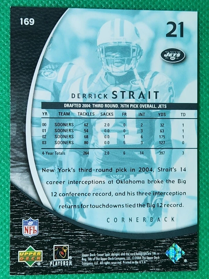 2004 Sweet Spot SILVER /100 Derrick Strait ROOKIE New York Jets / Oklahoma - Image 2 of 3