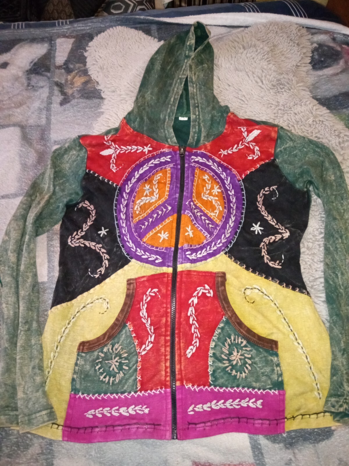 Vintage Kathmandu Imports Peace Patchwork Hoodie Jacket Women's Size XL