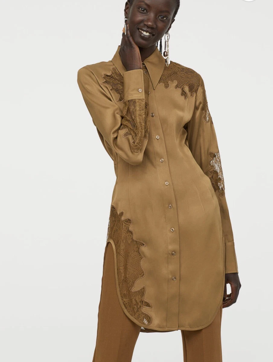 H M STUDIO Long Slim Fit Satin Shirt Blouse Top Tunic With Lace
