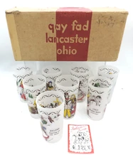 Vintage Set of 8 Gay Fad Festive Time Countries of World Highball Glasses w Box
