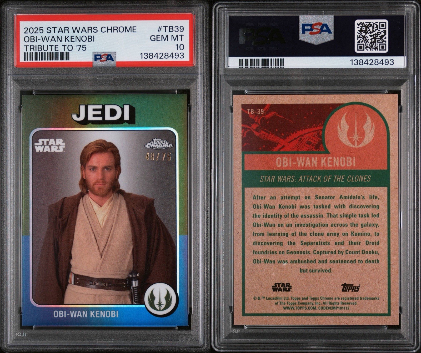 2025 TOPPS CHROME STAR WARS TRIBUTE TO '75 #TB39 OBI-WAN KENOBI /75 PSA 10 POP 1 view 3
